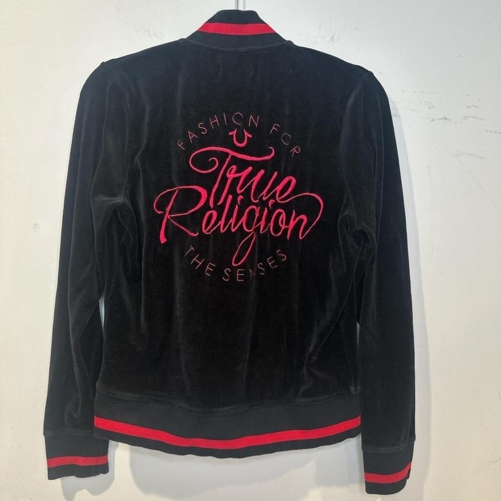True Religon Velour Velvet Bomber Jacket Black & red zip-up jacket SMALL - Picture 3 of 8